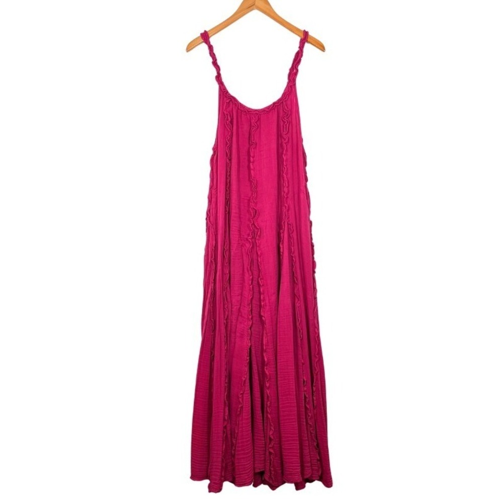 Free People Magenta Pink Ruffle Trim Gauze Maxi Dress XS Boho Sleeveless Pink